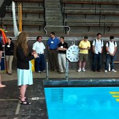 Dr. Signe Redfield from ONR Global  tries the Kingfisher USV in the MIT Alumni Pool at MOOS-DAWG’11
